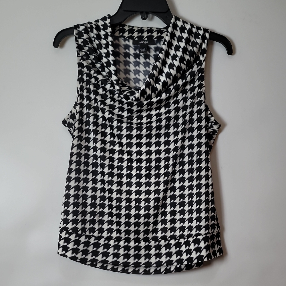 Alfani Black and White Houndstooth Cowlneck Sleeveless Blouse